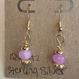 Jade Gemstone Earrings, Pink, Purple, Gold Over Sterling Silver, Flower